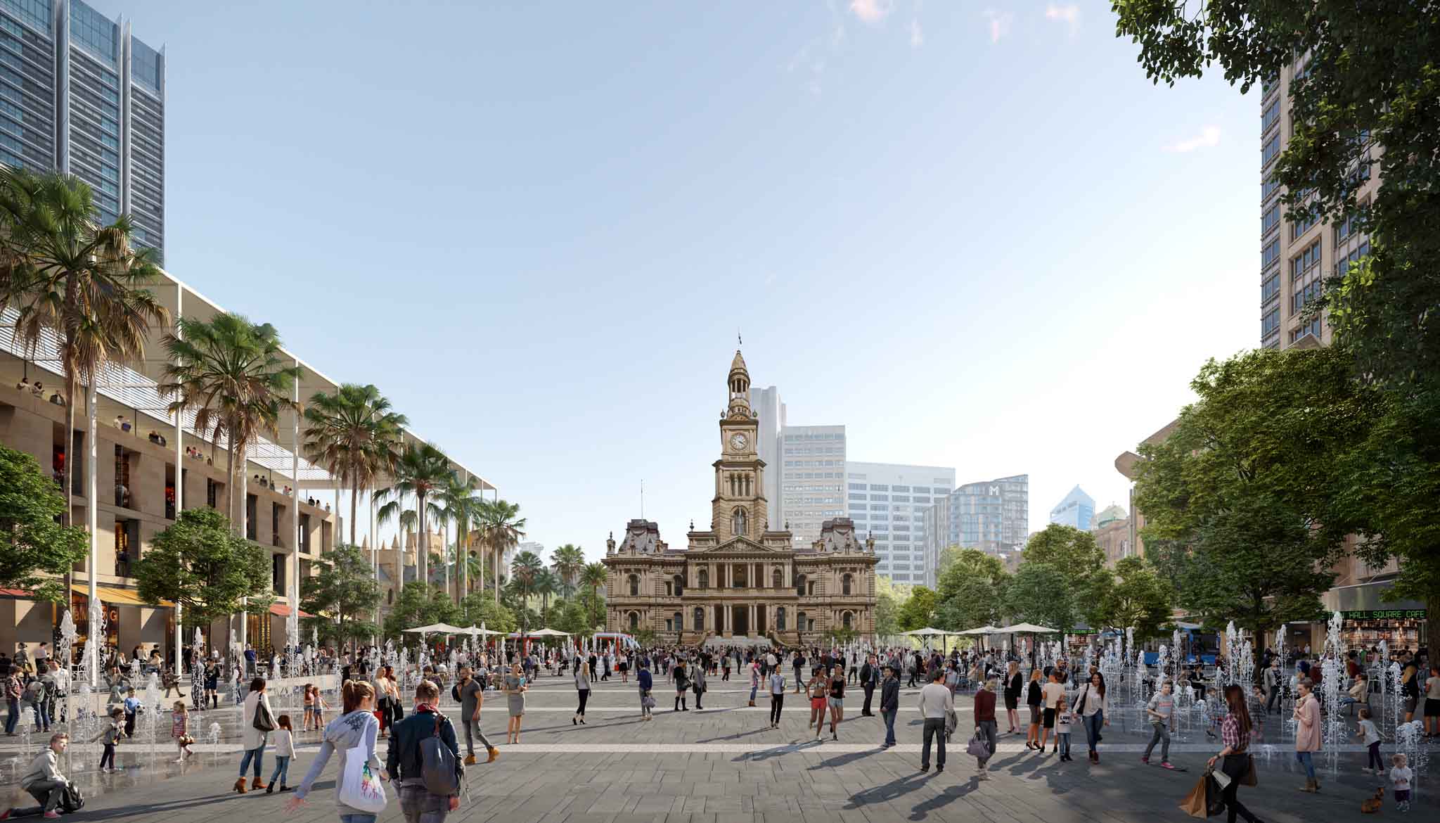 An open plaza with lots of people and fringed by trees. At the end of the plaza is a heritage building. Tall city buildings can also be seen.