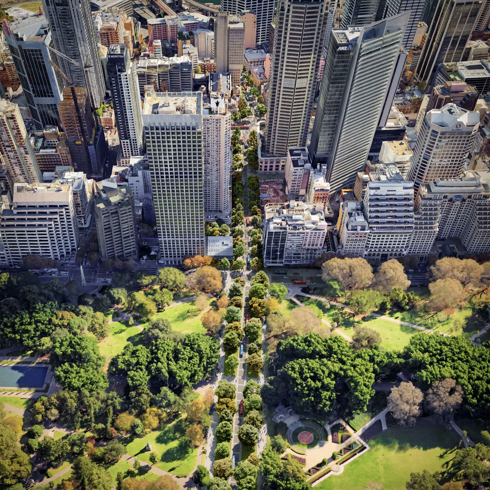 Aerial view of a city park, avenues, roads and tall buildings.